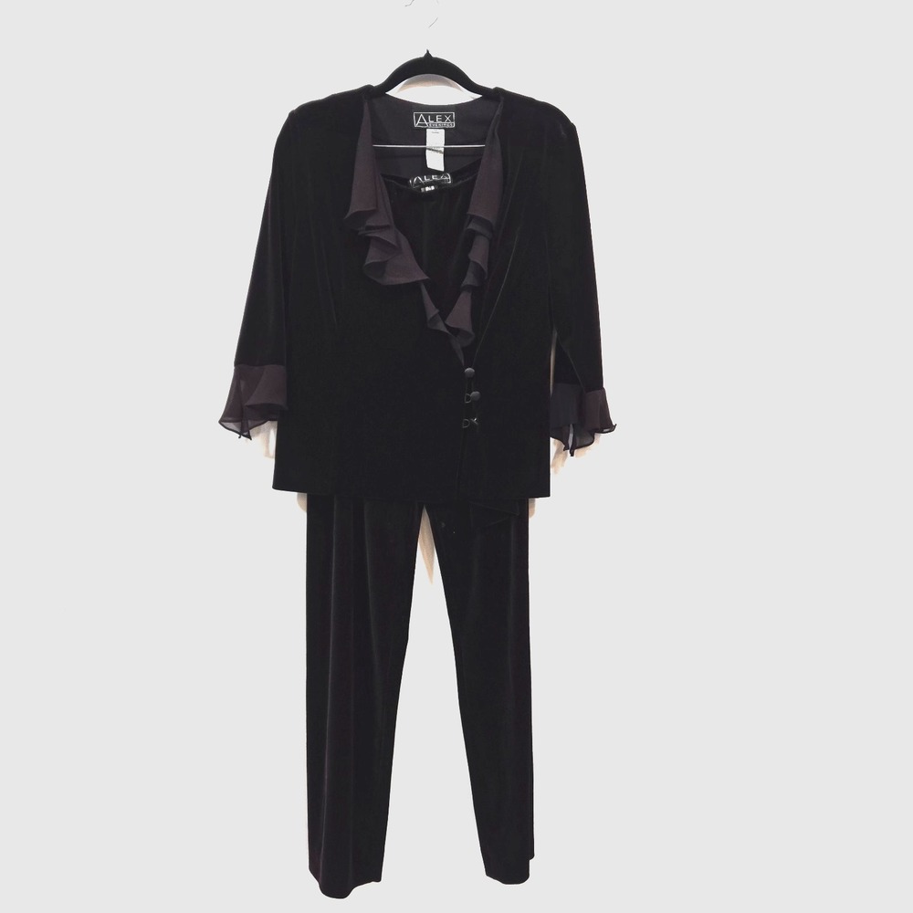 Vintage 90s Alex Evenings Plum Velvet Pant Suit M Sheer Bell Sleeve 2 Pc